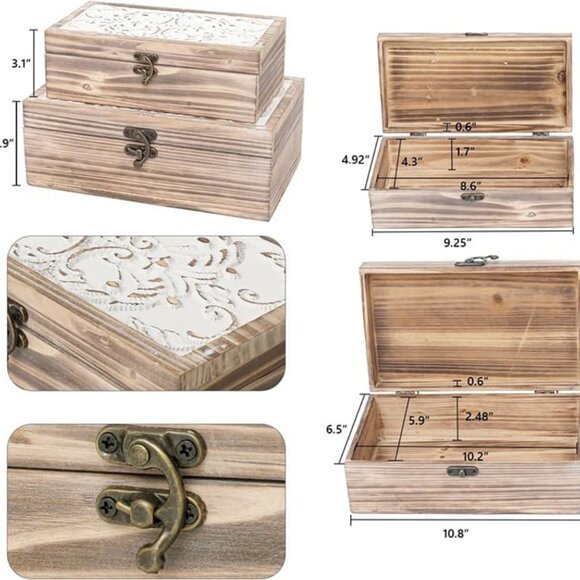 NEW Set of 2 - Wooden Box Rustic Farmhouse Decorative Boxes with Hinged Lid - Picture 3 of 10
